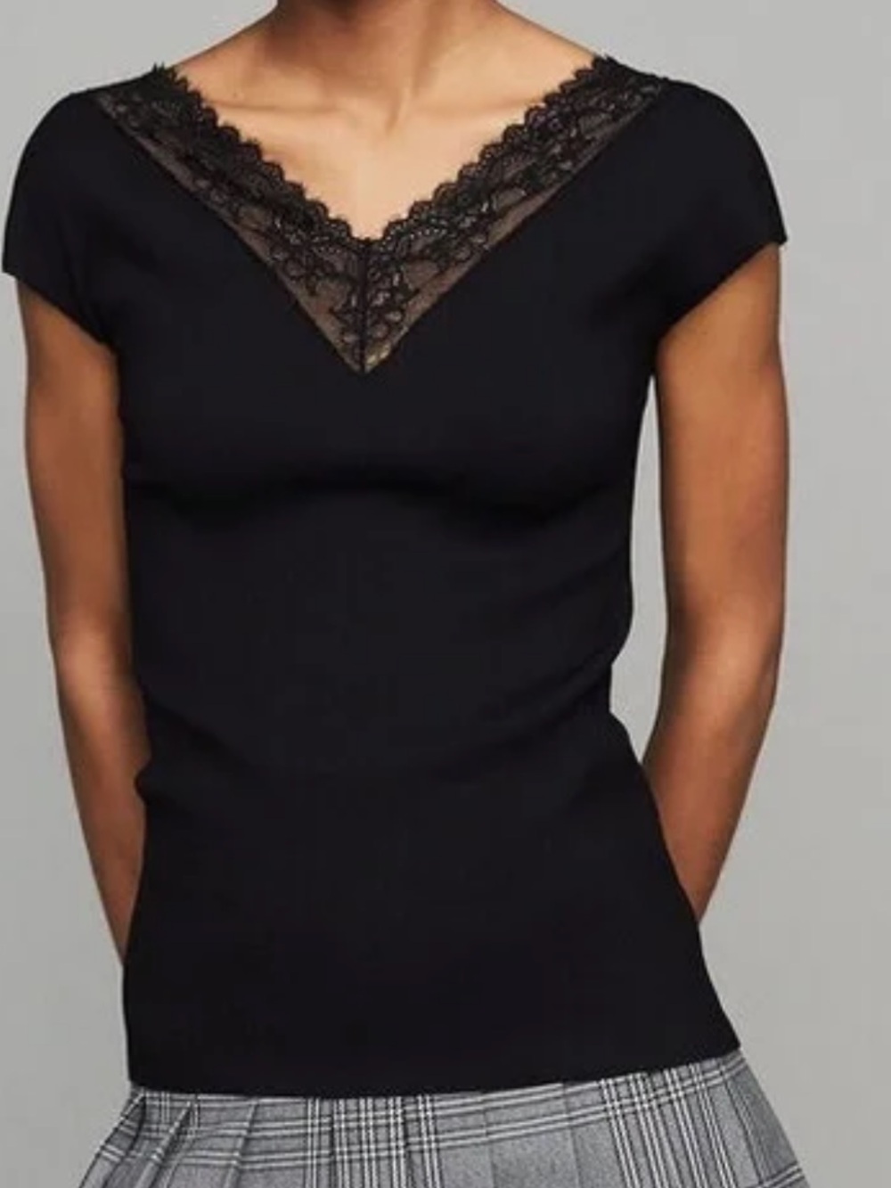 Maje Black Ribbed Knit Top with Lace  Embellishement